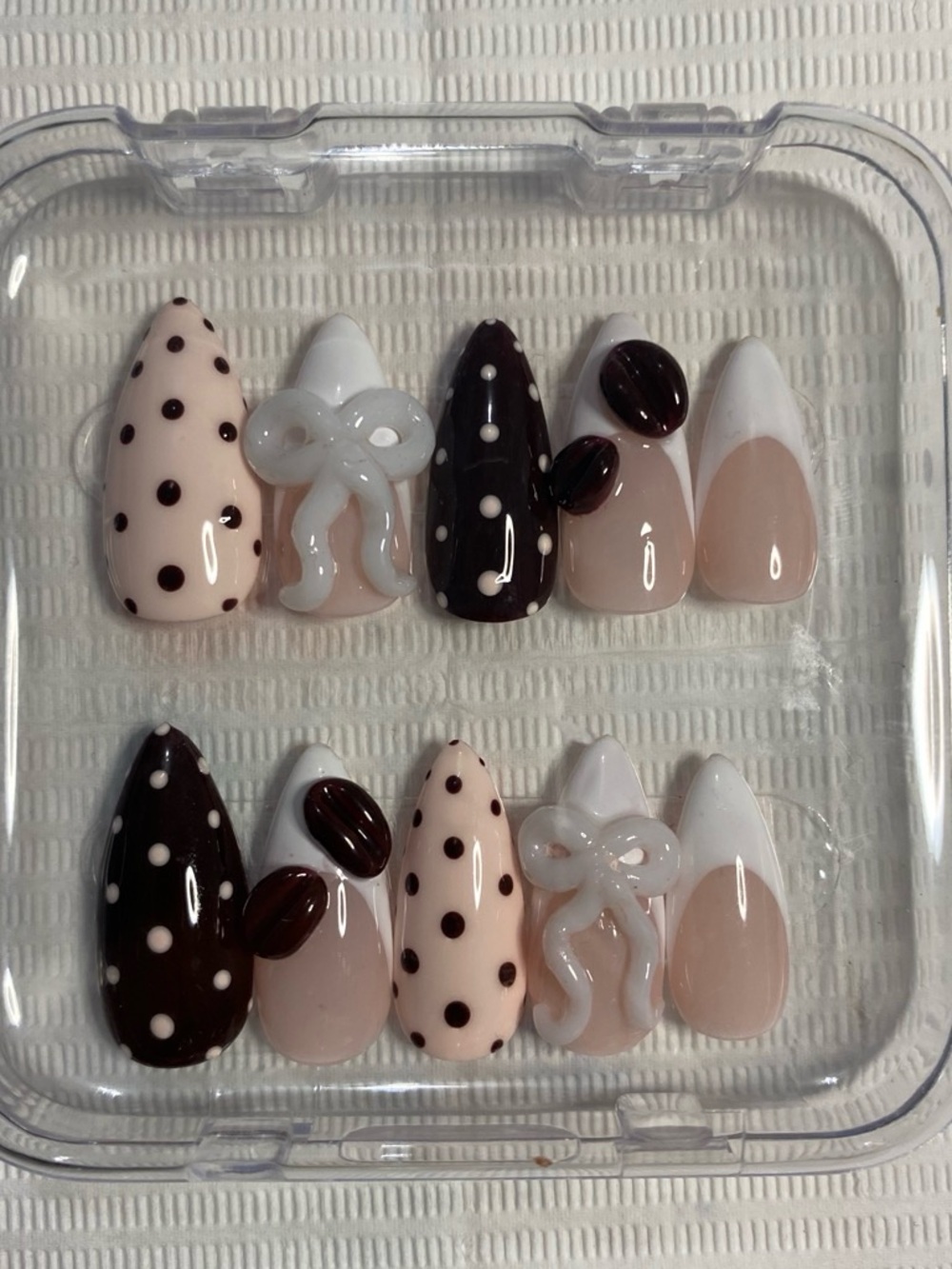Press-On Nail Set - Pink & Brown Polka Dot and Bow Accent